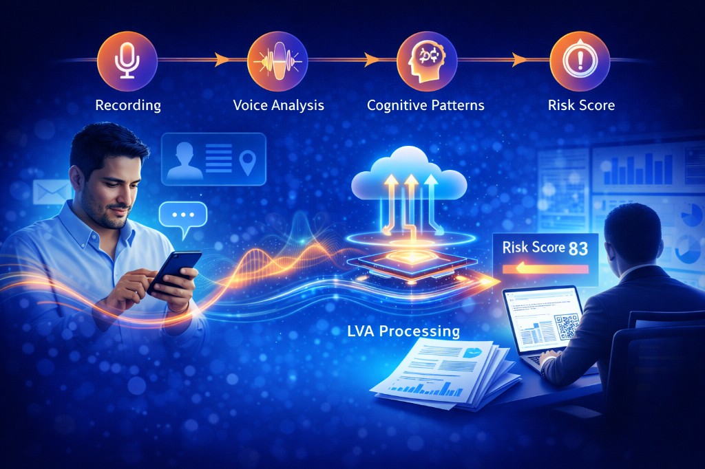 Flujo ALVA: voz desde el móvil, procesamiento LVA en la nube, puntuación de riesgo e informe para revisión del equipo