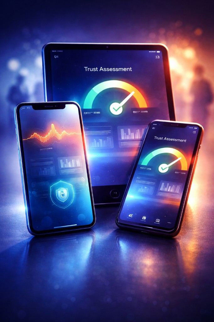 Interfaz de evaluación de confianza en teléfonos y tableta: voz, medidor y paneles de datos